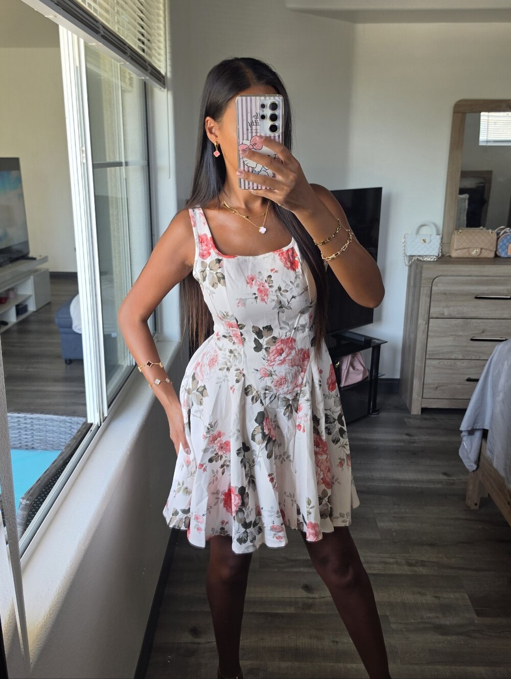 Floral Square-Neck White Sundress with Pink Rose Print Flannel Pin-up